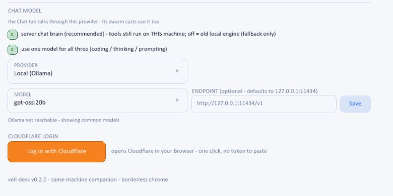 Actual Settings screen with the orange Log in with Cloudflare button.